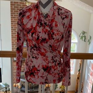 Red black and off pink blouse